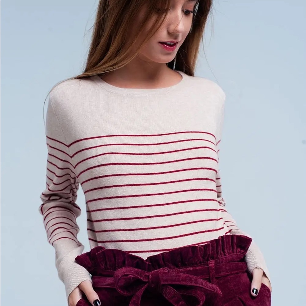 Beige Stroped Pullover Sweater - Q2
